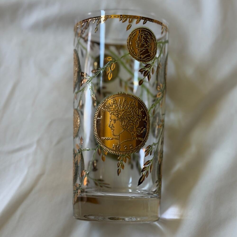 Vintage Culver Rare Midas Highball Tumbler Glass Coins and Vines MCM Set of 4 - Picture 10 of 14